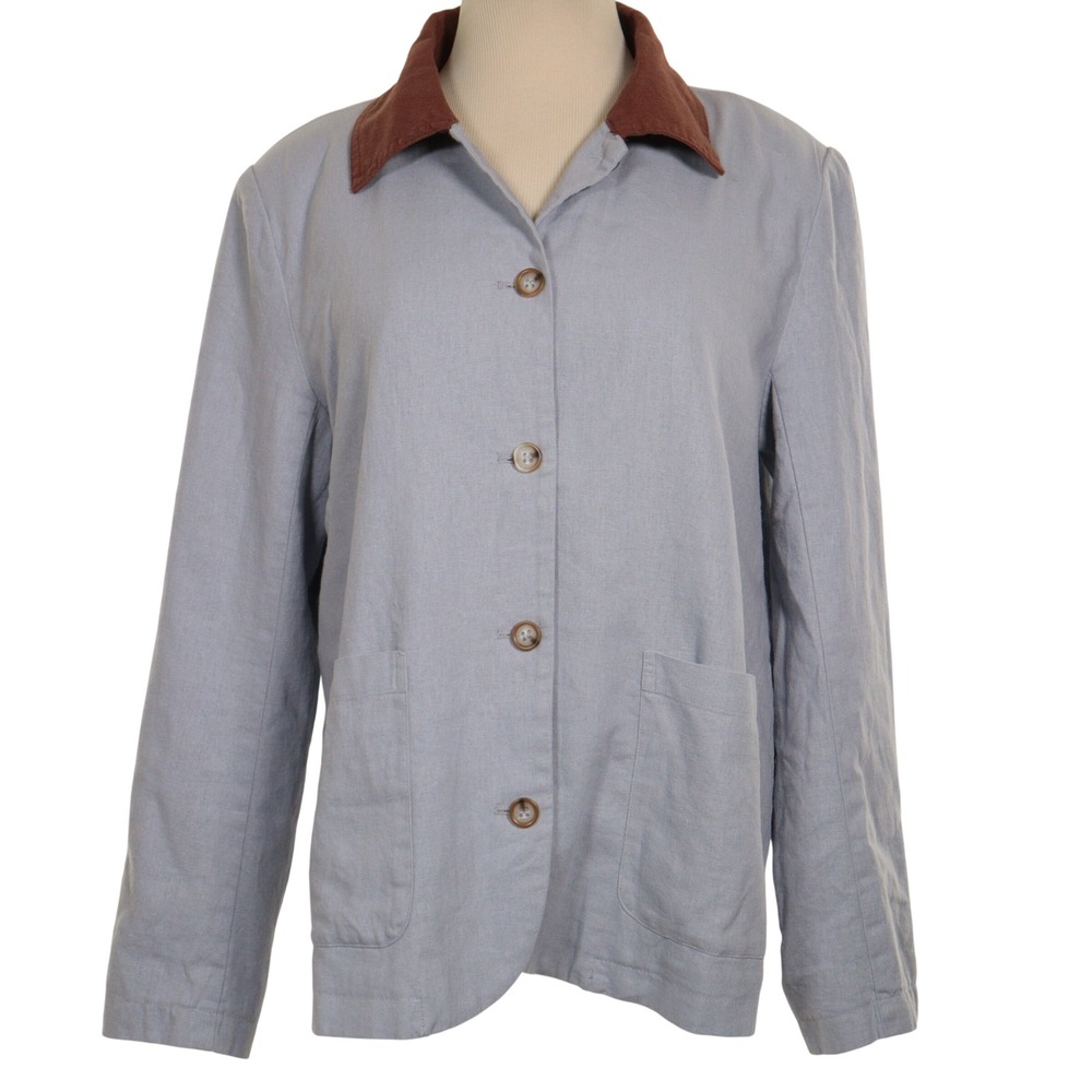 Calypso St. Barth Chore Jacket Women M Collared Blue Linen Coastal Nautical